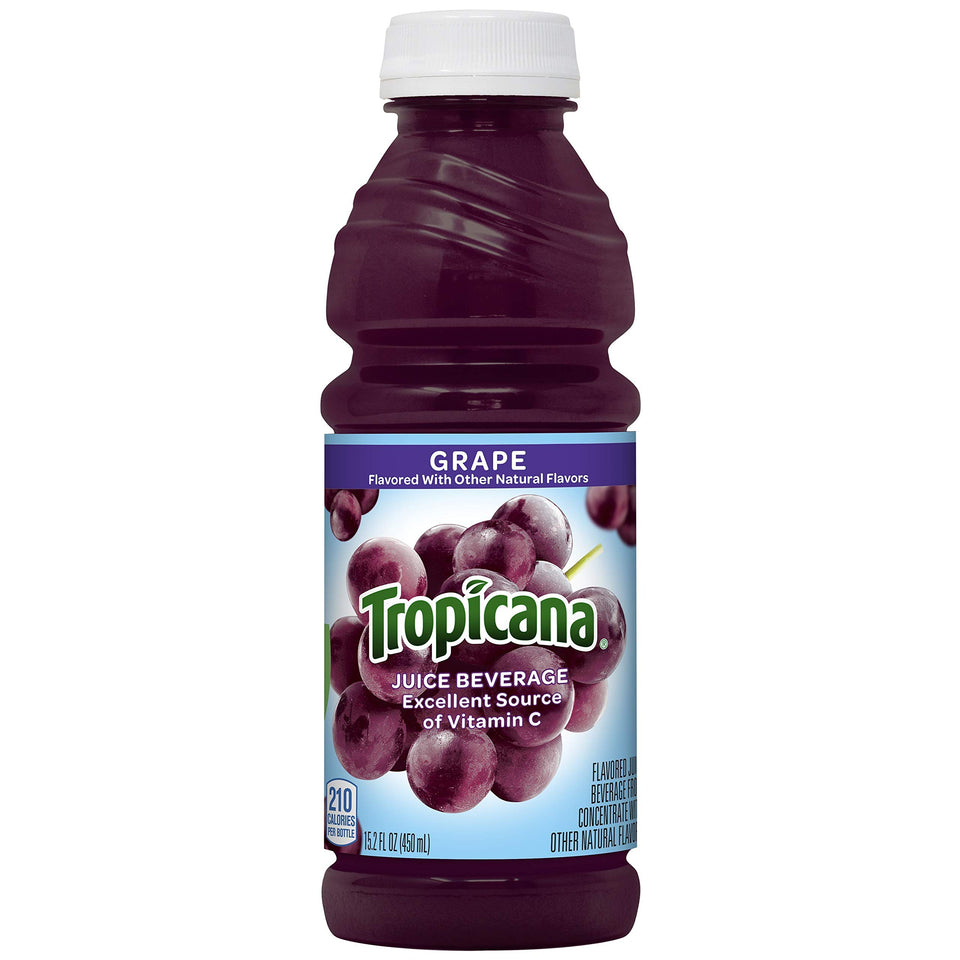 Tropicana Grape Juice Drink bottles in a 12-pack, convenient on-the-go refreshment.