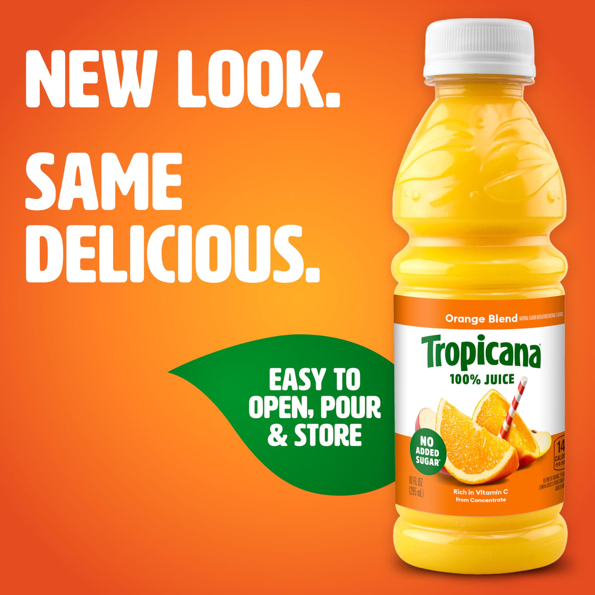 Tropicana Orange Blend bottle pour highlighting easy on-the-go refreshment with no added sugar.