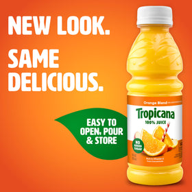 Tropicana Orange Blend bottle pour highlighting easy on-the-go refreshment with no added sugar.