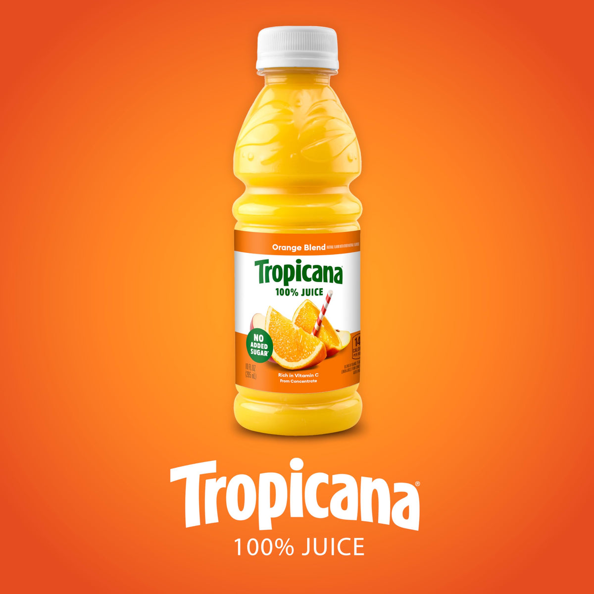 Tropicana Orange Blend ingredients graphic highlighting juice from concentrate and natural flavors.