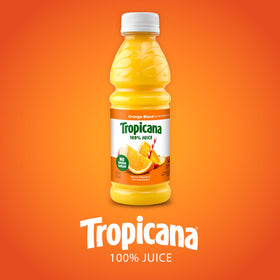 Tropicana Orange Blend ingredients graphic highlighting juice from concentrate and natural flavors.