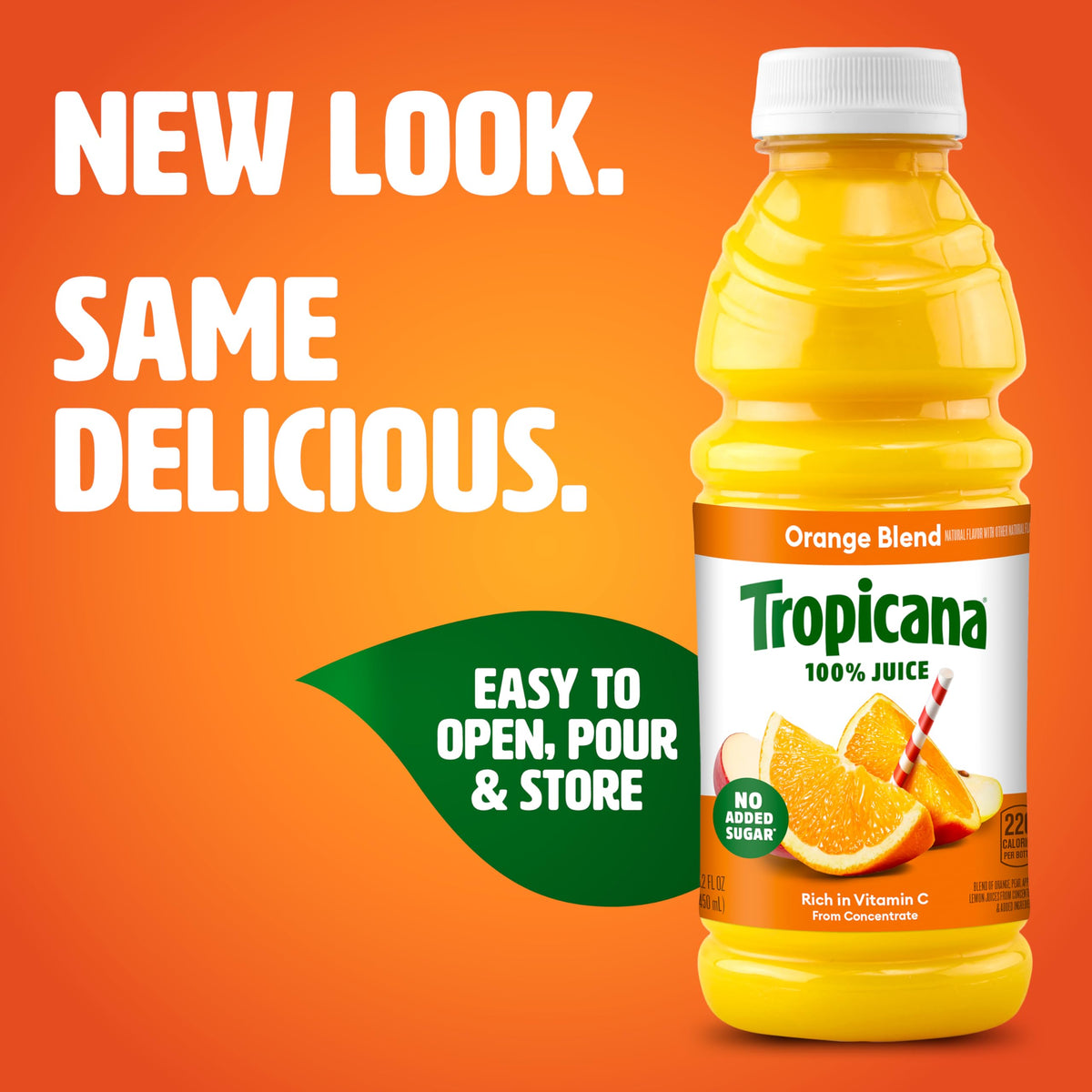 Pouring Tropicana Orange Blend into a glass, showcasing single-serve convenience.