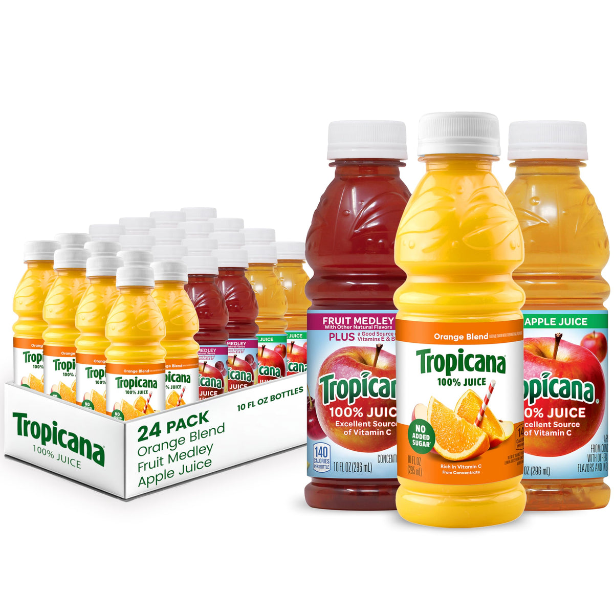 Tropicana Orange Juice 10oz bottle pour highlights fresh citrus flavor for busy mornings