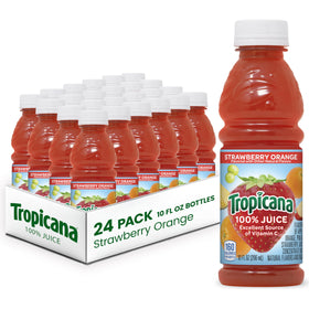 Tropicana orange-strawberry juice bottle front, ready for refreshing hydration.