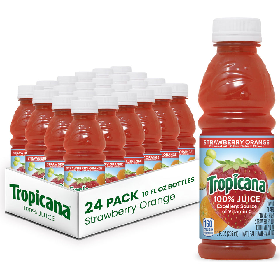 Tropicana orange-strawberry juice bottle front, ready for refreshing hydration.