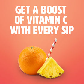 Tropicana Pineapple Orange juice bottle pour over a glass for on-the-go hydration.