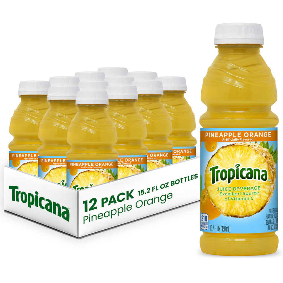 Tropicana Pineapple Orange juice pack of 12 bottles for family refreshment.