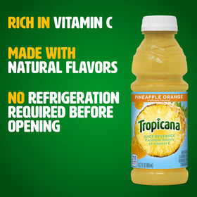 Tropicana Pineapple Orange juice tilted glass showcasing tropical flavor.