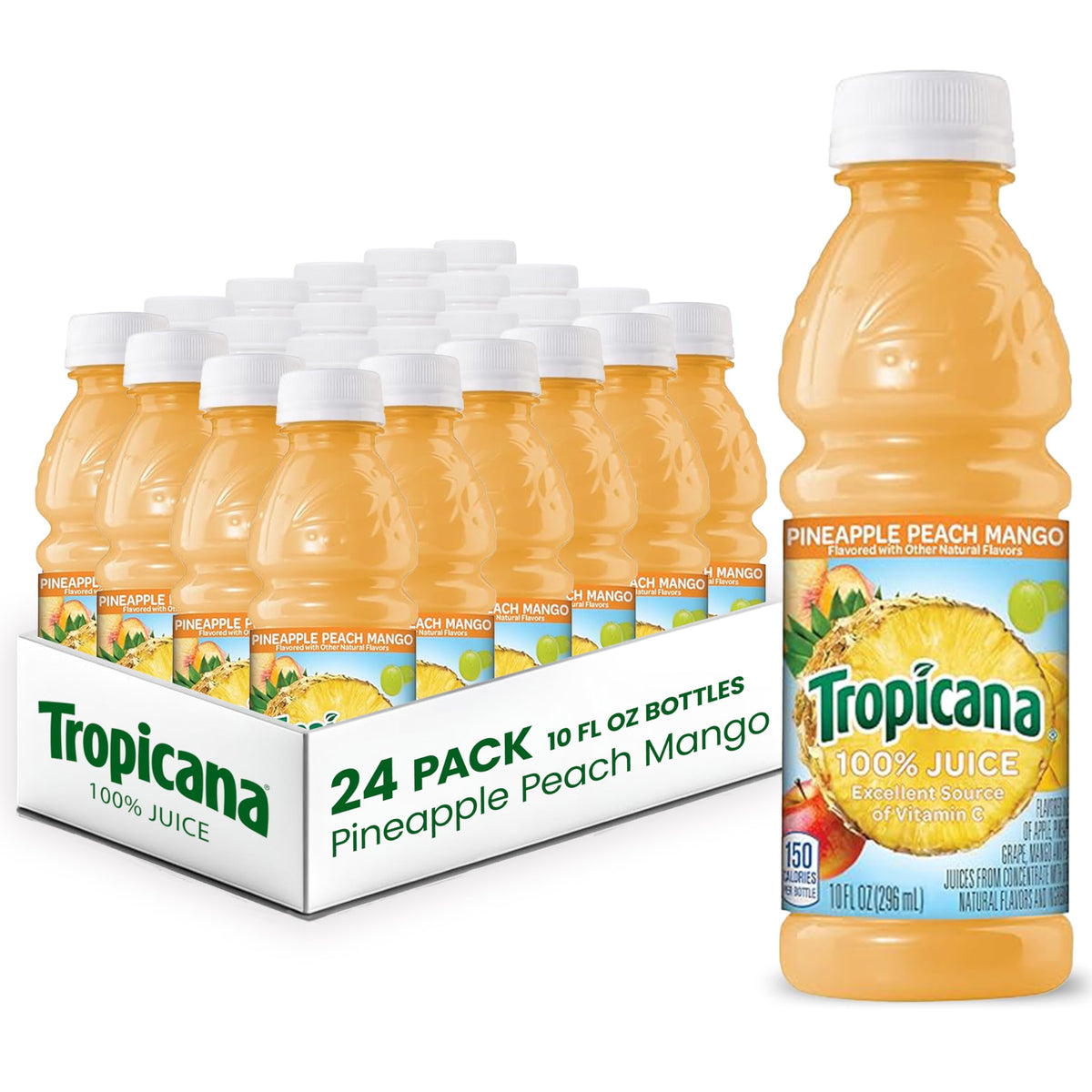 Tropicana Pineapple Peach Mango bottle front showing tropical flavor and portable size