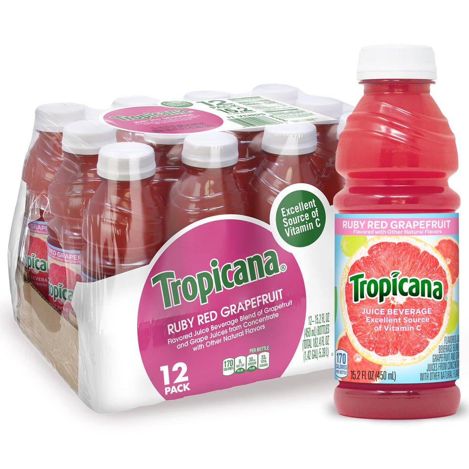 Tropicana Ruby Red bottle showing crisp citrus flavor for a refreshing sip