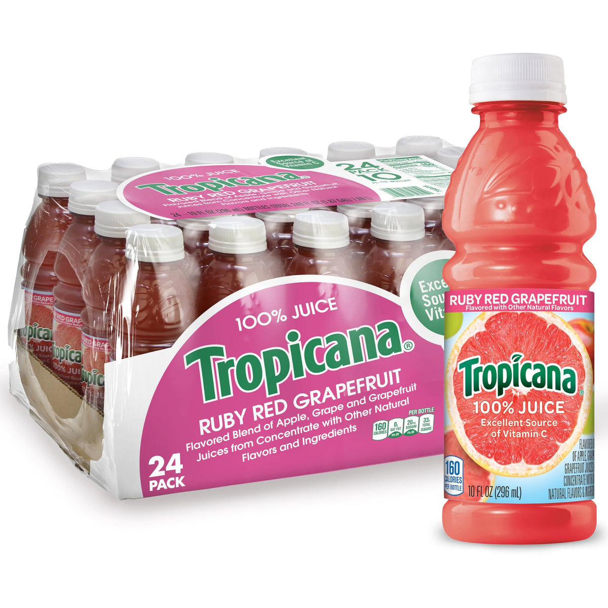 Tropicana Ruby Red Grapefruit juice 24-bottle pack for convenient family refreshment.