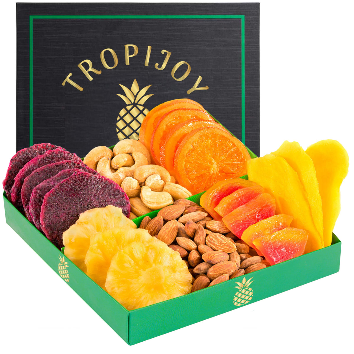 TropiJoy dried fruit gift basket with seven flavors, ideal for celebrations