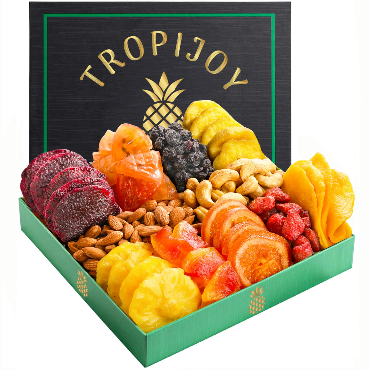 TropiJoy dried fruit gift basket front view with 11 flavors
