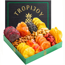 TropiJoy dried fruit gift basket front view with 11 flavors