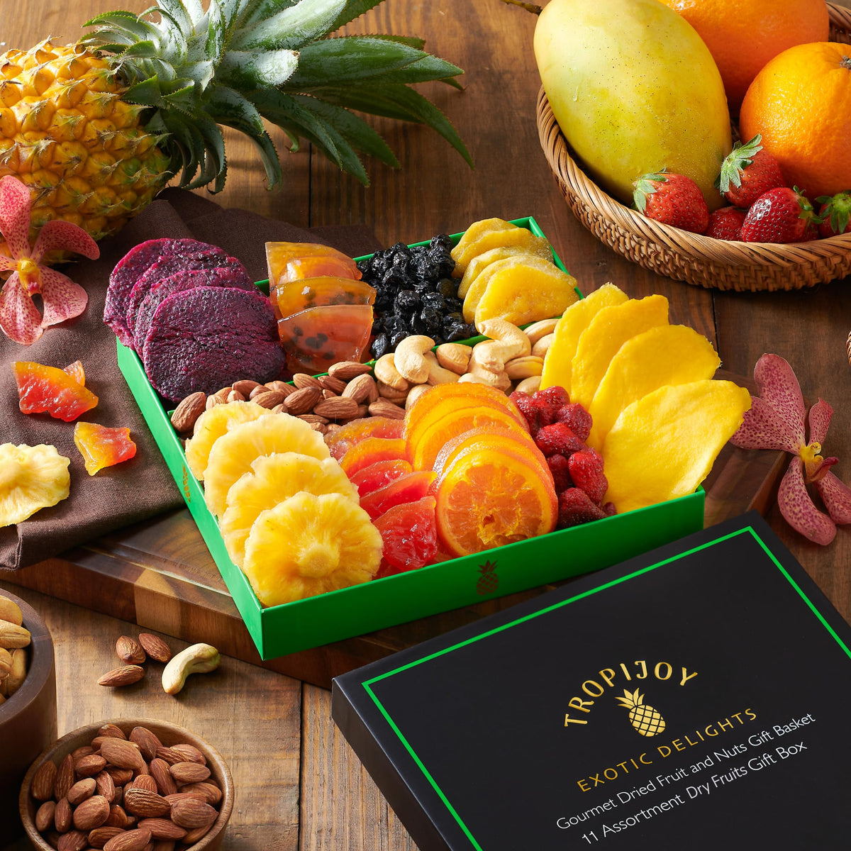 TropiJoy dried fruit tray close-up mango and pineapple details