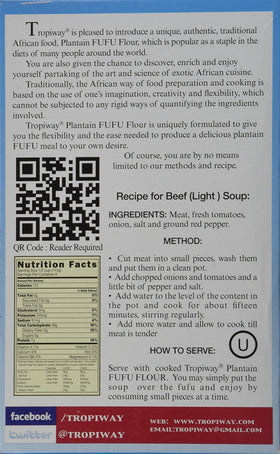 Tropiway Plantain Fufu Flour dough preparation image highlights easy, quick fufu texture.
