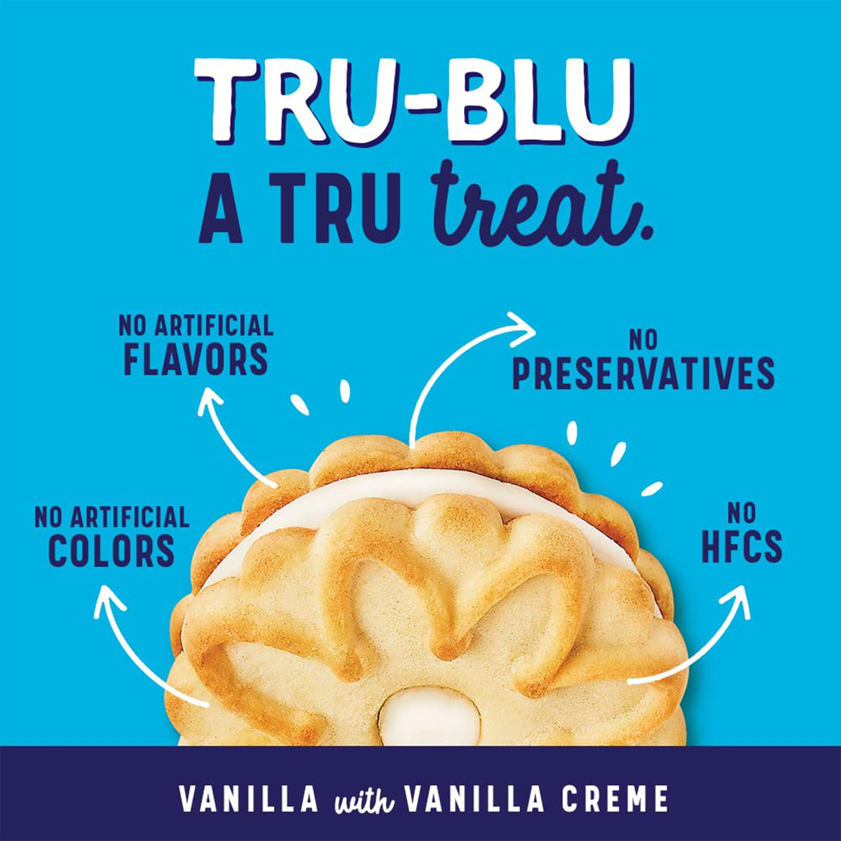 Product close-up of Tru-Blu Vanilla Cookies with visible crème filling.