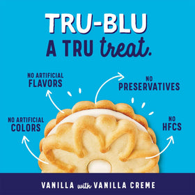 Product close-up of Tru-Blu Vanilla Cookies with visible crème filling.