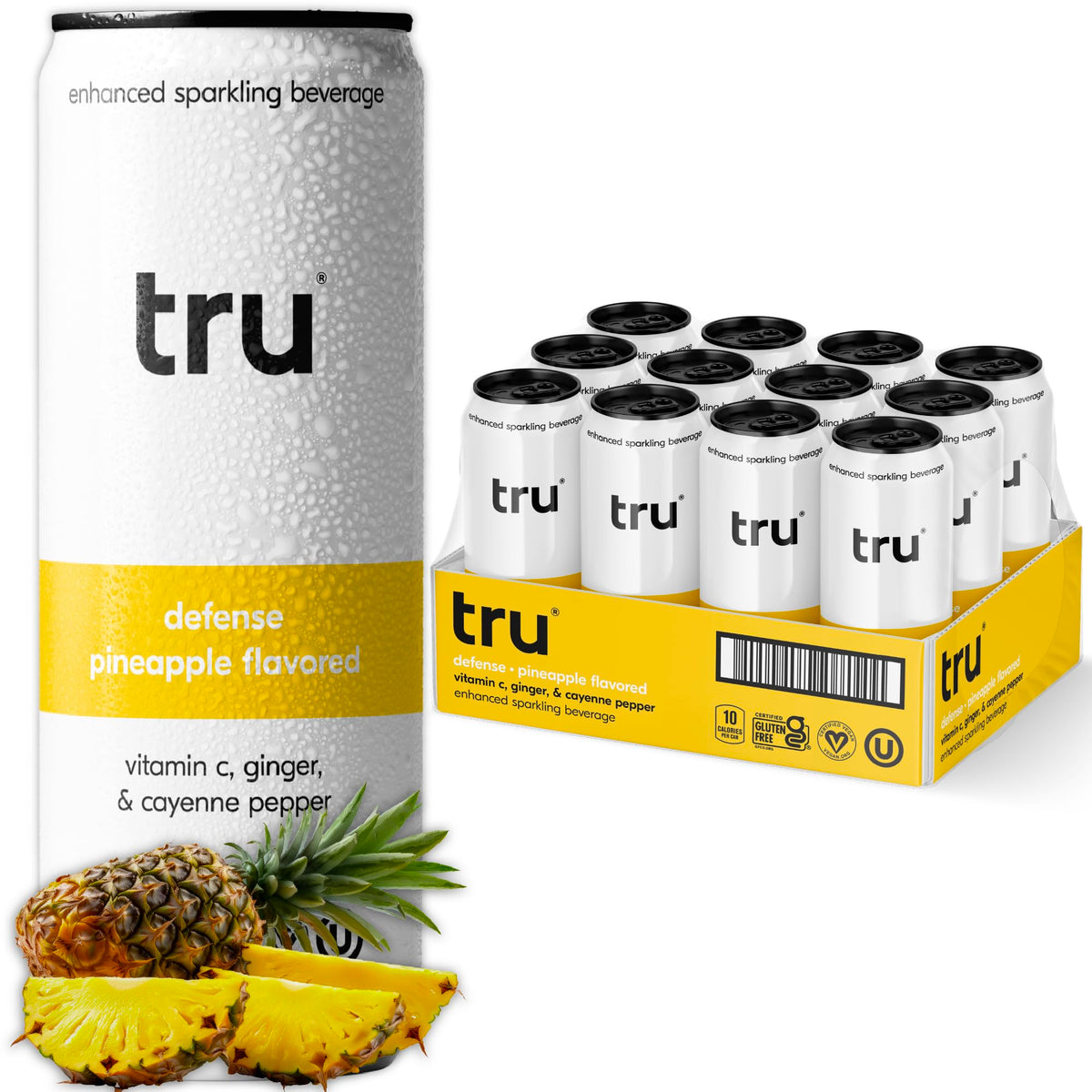 Tru Defense Seltzer can with real pineapple juice and vitamin C.