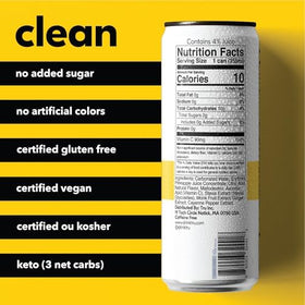 Front label shows 90 mg vitamin C per can from real juice.