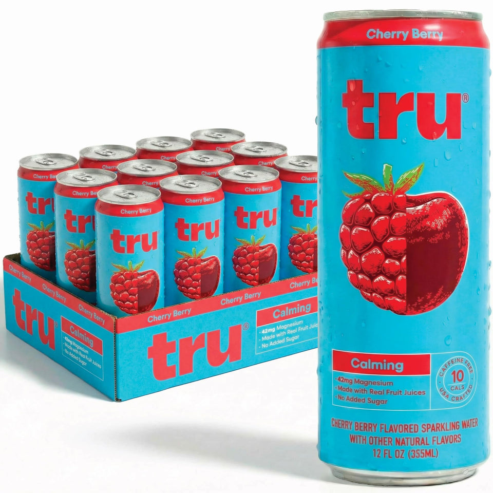 Tru Dream Cherry Berry can with real juice for caffeine-free relaxation.
