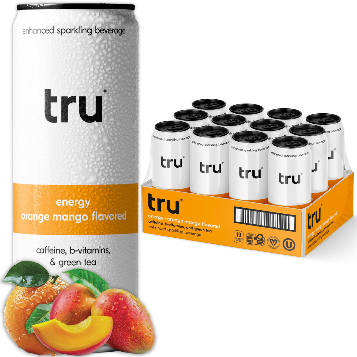 Tru Energy Seltzer orange mango can with natural caffeine boost