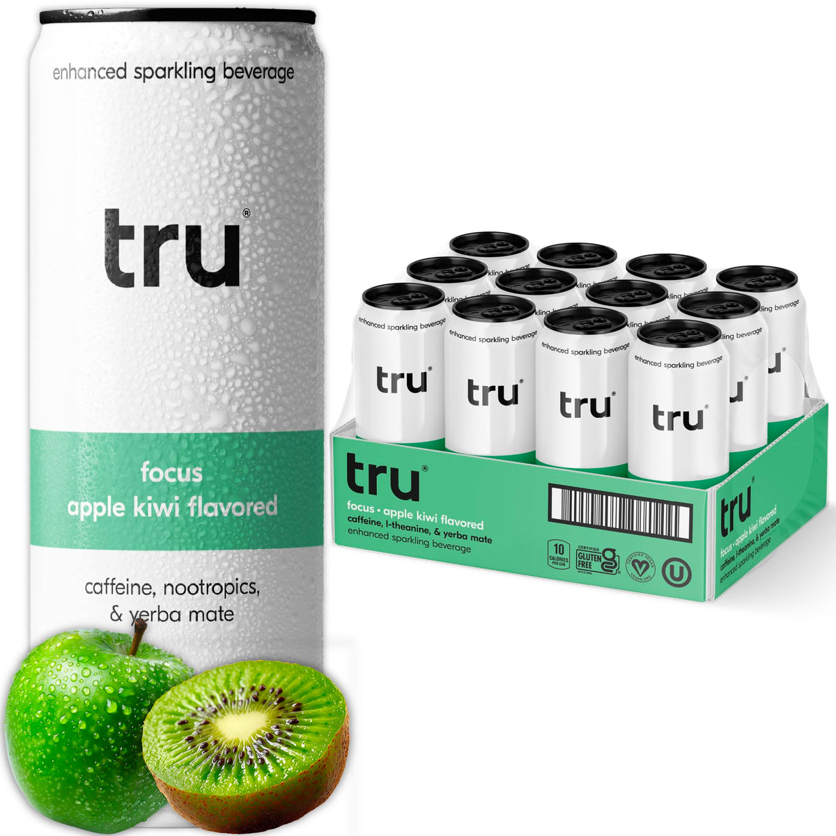 tru focus seltzer apple kiwi bottle shows crisp energy ideal for busy days