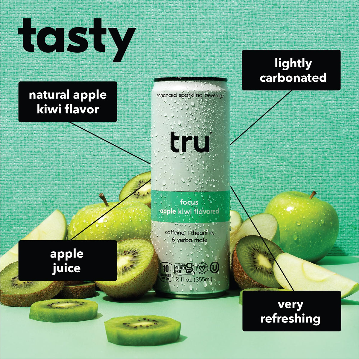 tru focus seltzer apple kiwi juice pour captures a crisp fizz and natural flavor