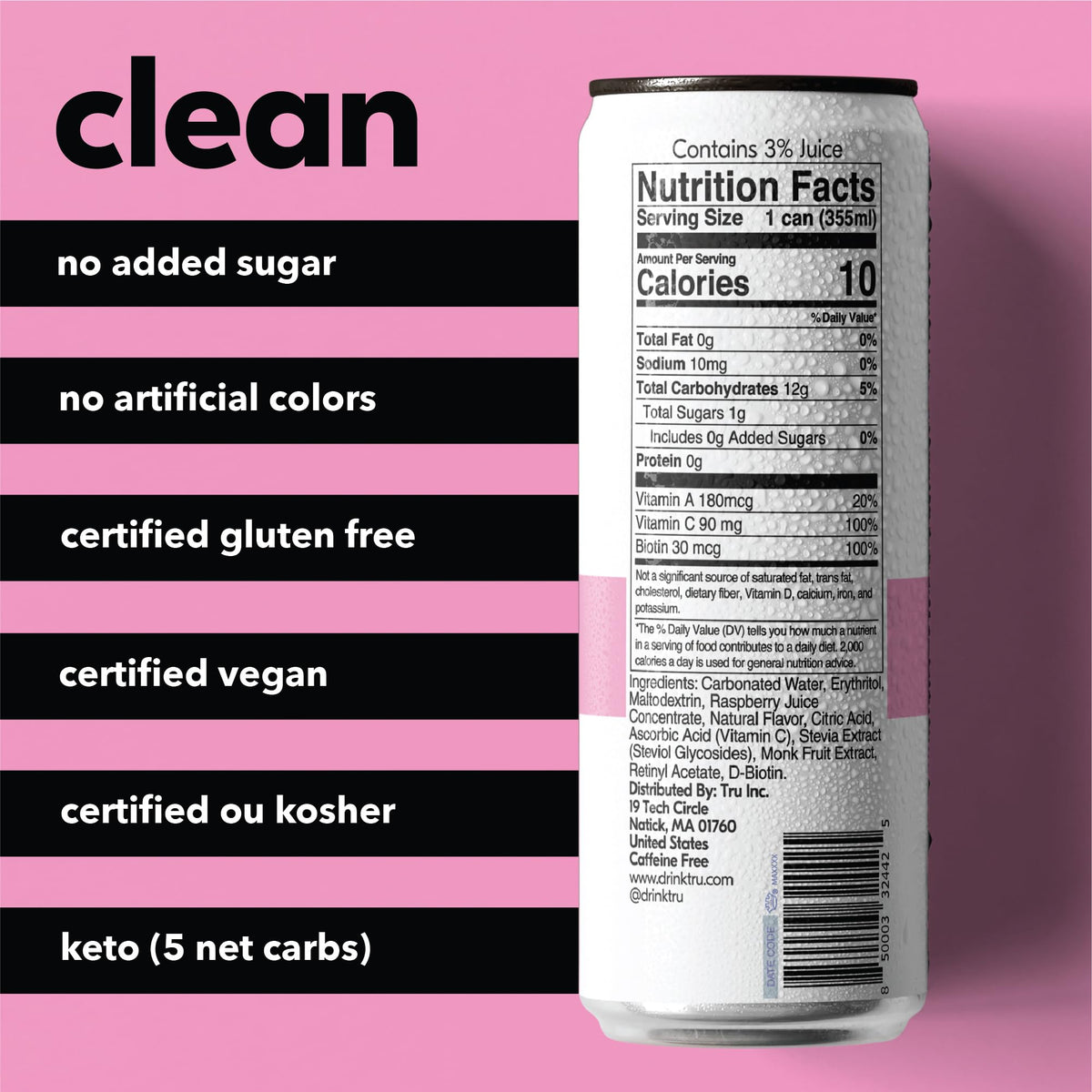 Tru Glow Seltzer raspberry bubbles closeup highlights natural flavor with zero added sugar.
