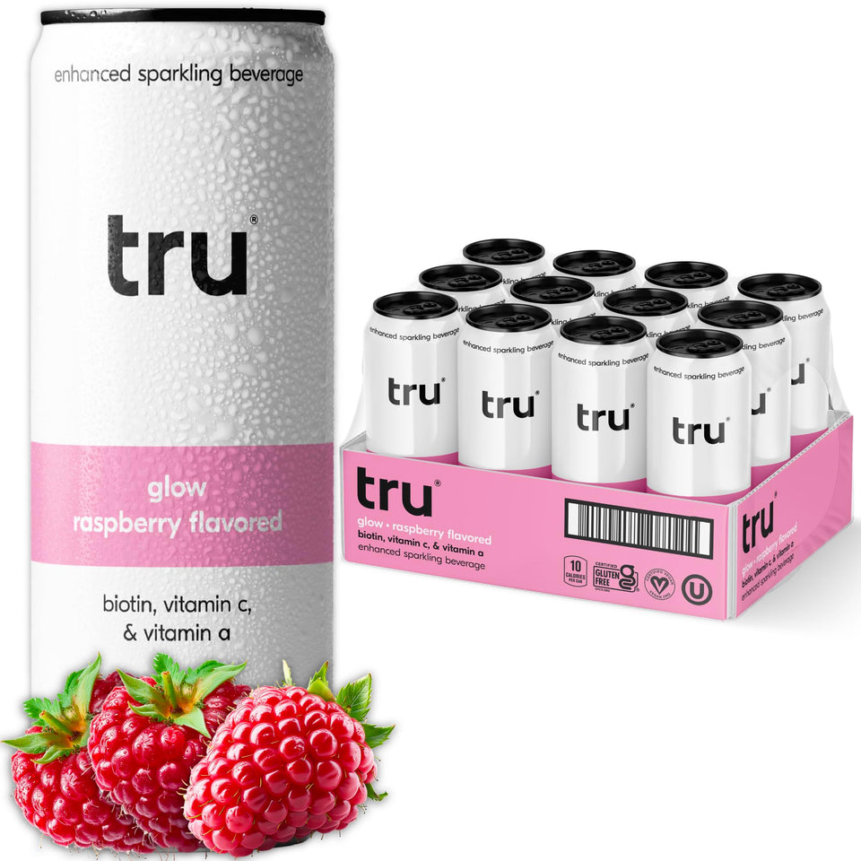 Tru Glow Seltzer raspberry can demonstrates refreshing sugar-free hydration.