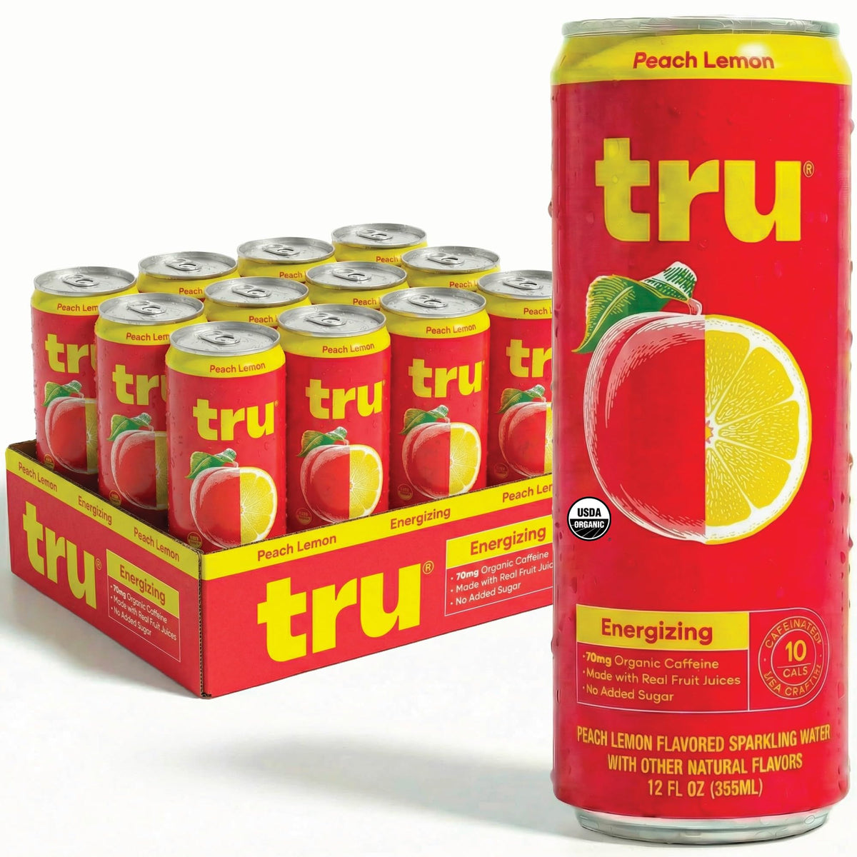 Tru Organic Energy peach lemon bottle showing clean energy from organic caffeine