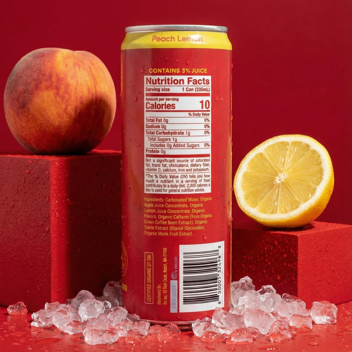 Tru Organic Energy peach lemon poured into glass for a refreshing boost
