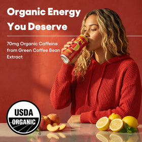 Tru Organic Energy peach lemon label close-up emphasizing organic ingredients