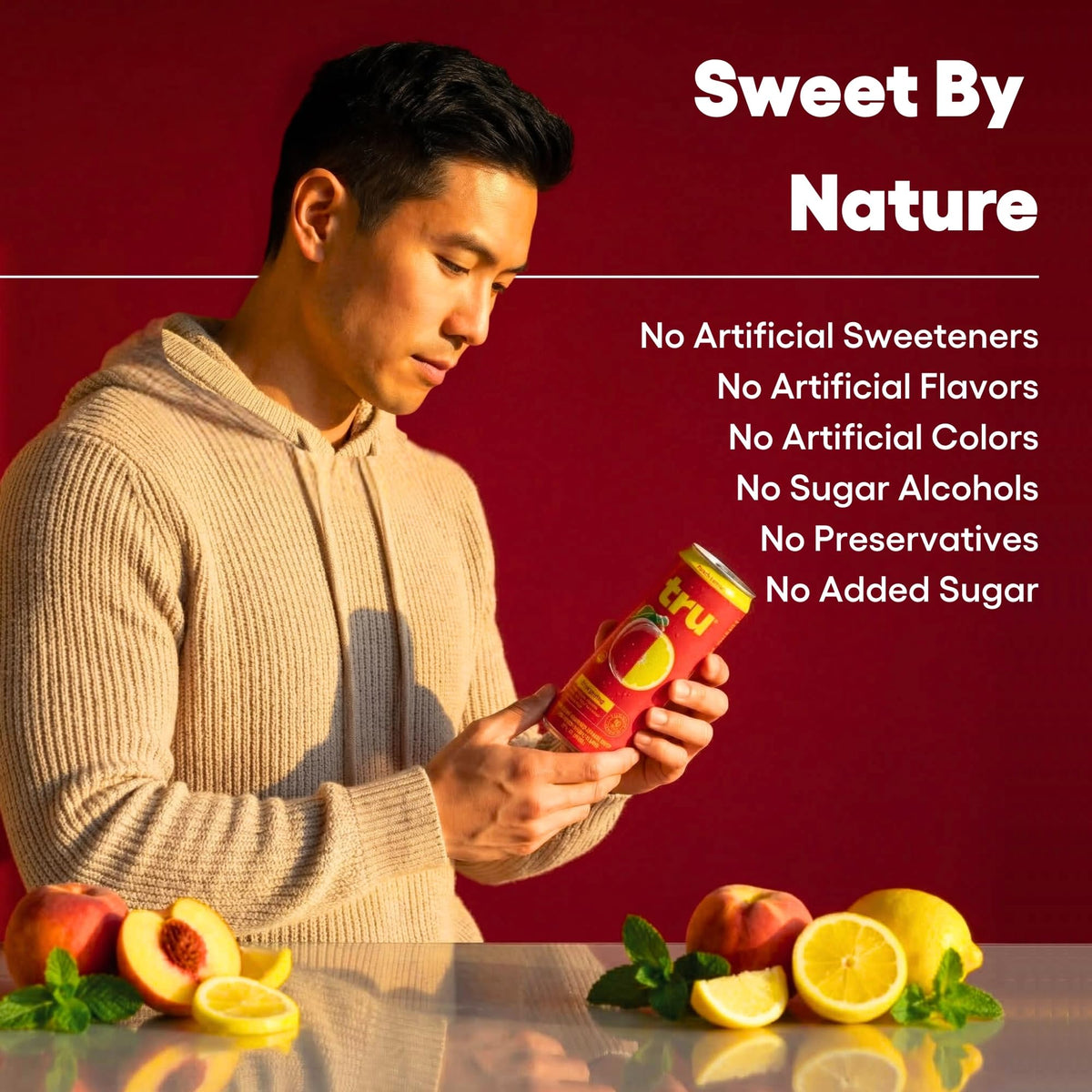 Tru Organic Energy peach lemon pack display for on-the-go refreshment