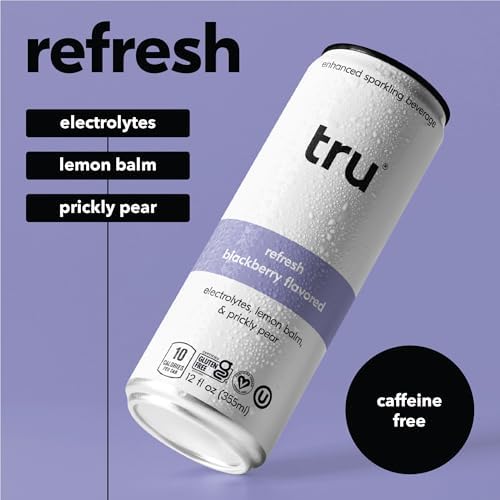 Tru Refresh Seltzer blackberry can close-up highlights real fruit juice for refreshment.