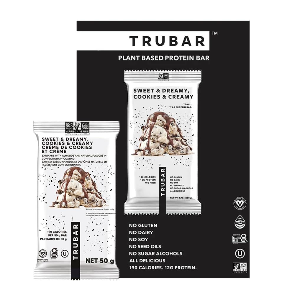 TRUBAR Sweet and Dreamy Cookies and Creamy bar pack view, gluten-free and dairy-free.