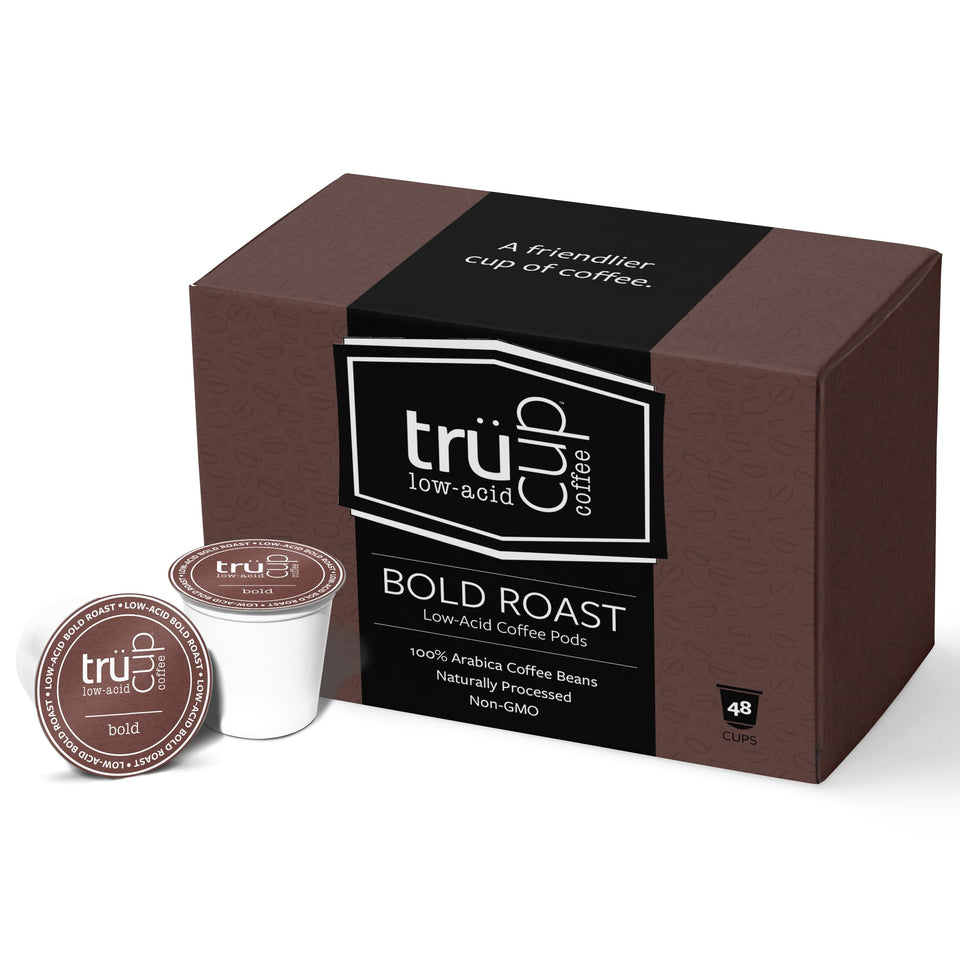 TRUCUP low acid bold roast packaging showcases easy, mess-free single-serve pods.
