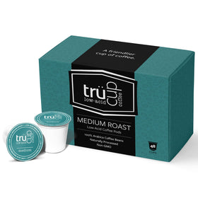 TRÜCUP low acid medium roast pod close-up, smooth taste for sensitive stomachs.