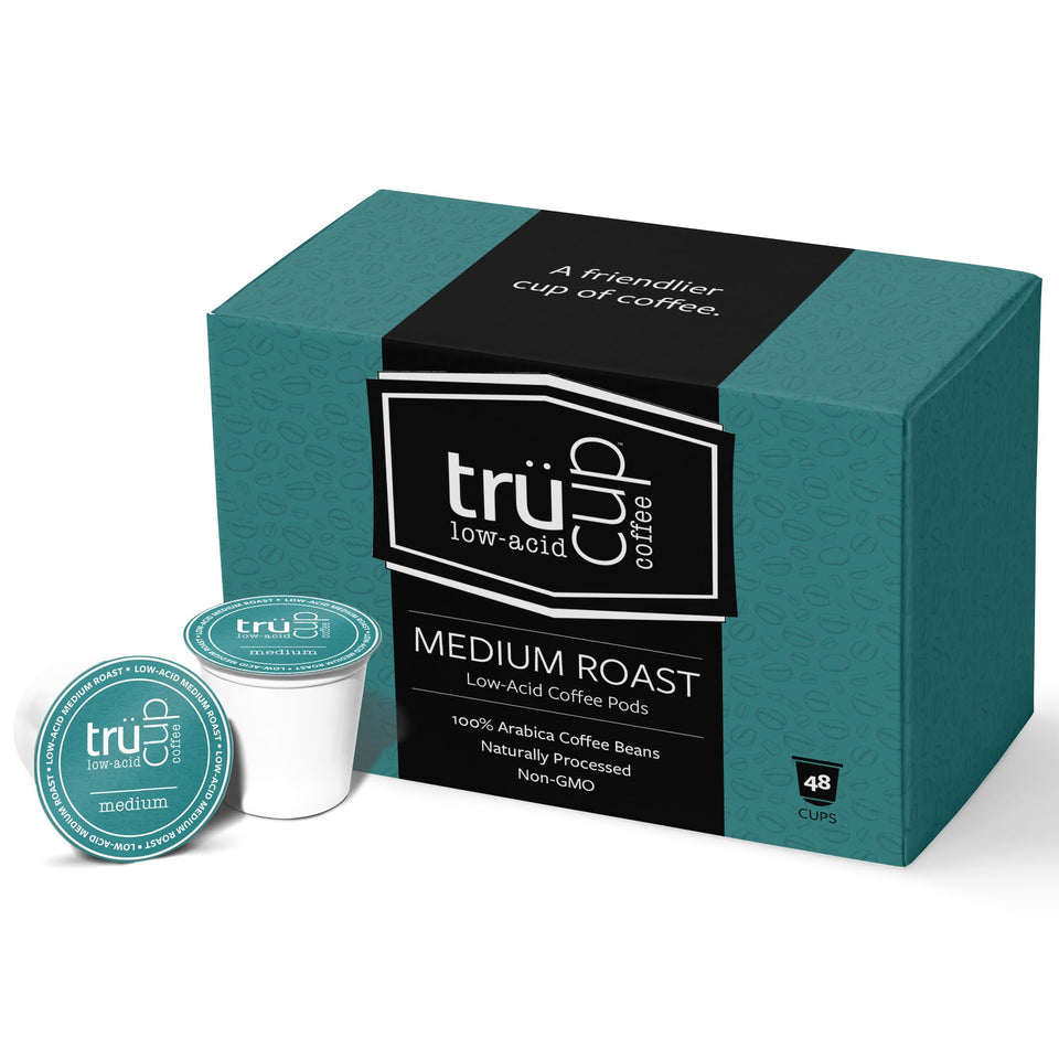 TRÜCUP low acid medium roast pod close-up, smooth taste for sensitive stomachs.