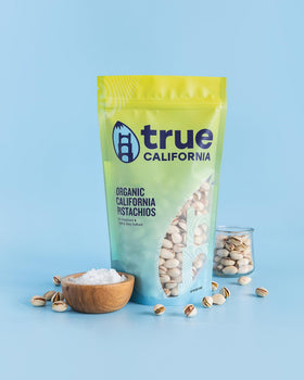 True California Pistachios in-shell close-up with plump kernels.