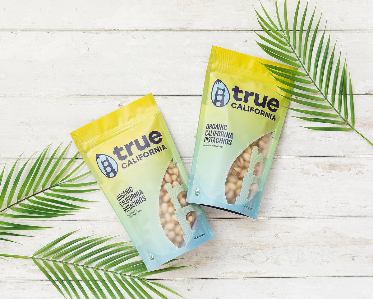 True California Organic Pistachios label highlights USDA Organic and Non-GMO status.