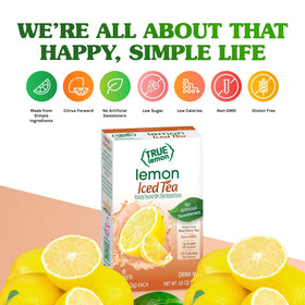 Glass of True Citrus Lemon Iced Tea Mix poured over ice