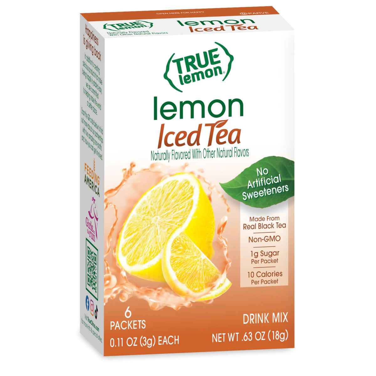Close-up of True Citrus Lemon Iced Tea Mix packets highlighting real lemon flavor