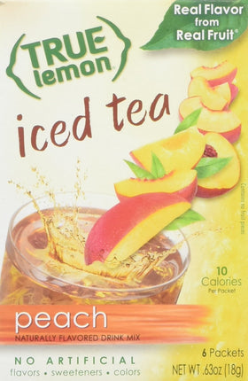 True Citrus Peach Iced Tea packets showing peach flavor and branding for a refreshing beverage