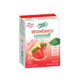 True Citrus true lemon strawberry lemonade packet beside a glass of water for easy hydration.