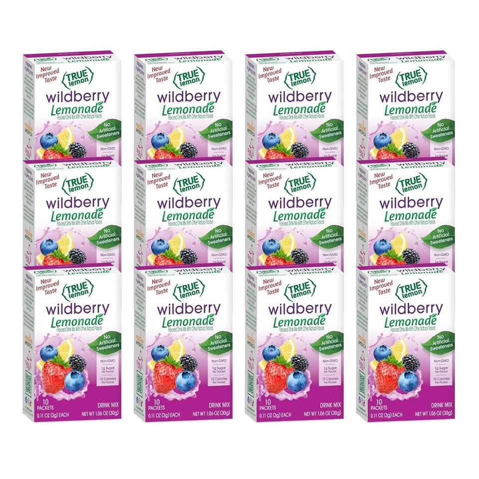 True Lemon Wildberry Lemonade packet dissolving in water for quick flavor