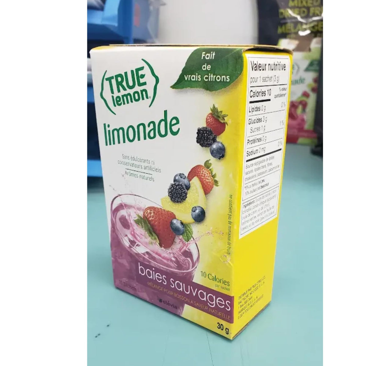 Calorie and sugar details shown on Wildberry Lemonade sachet