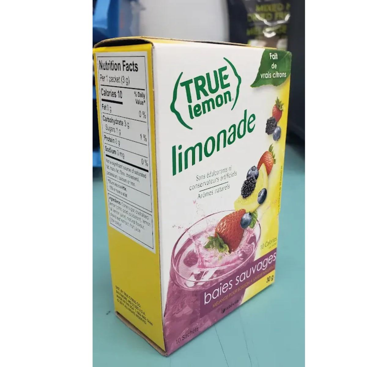 Close-up of Wildberry Lemonade sachets highlighting real fruit flavor