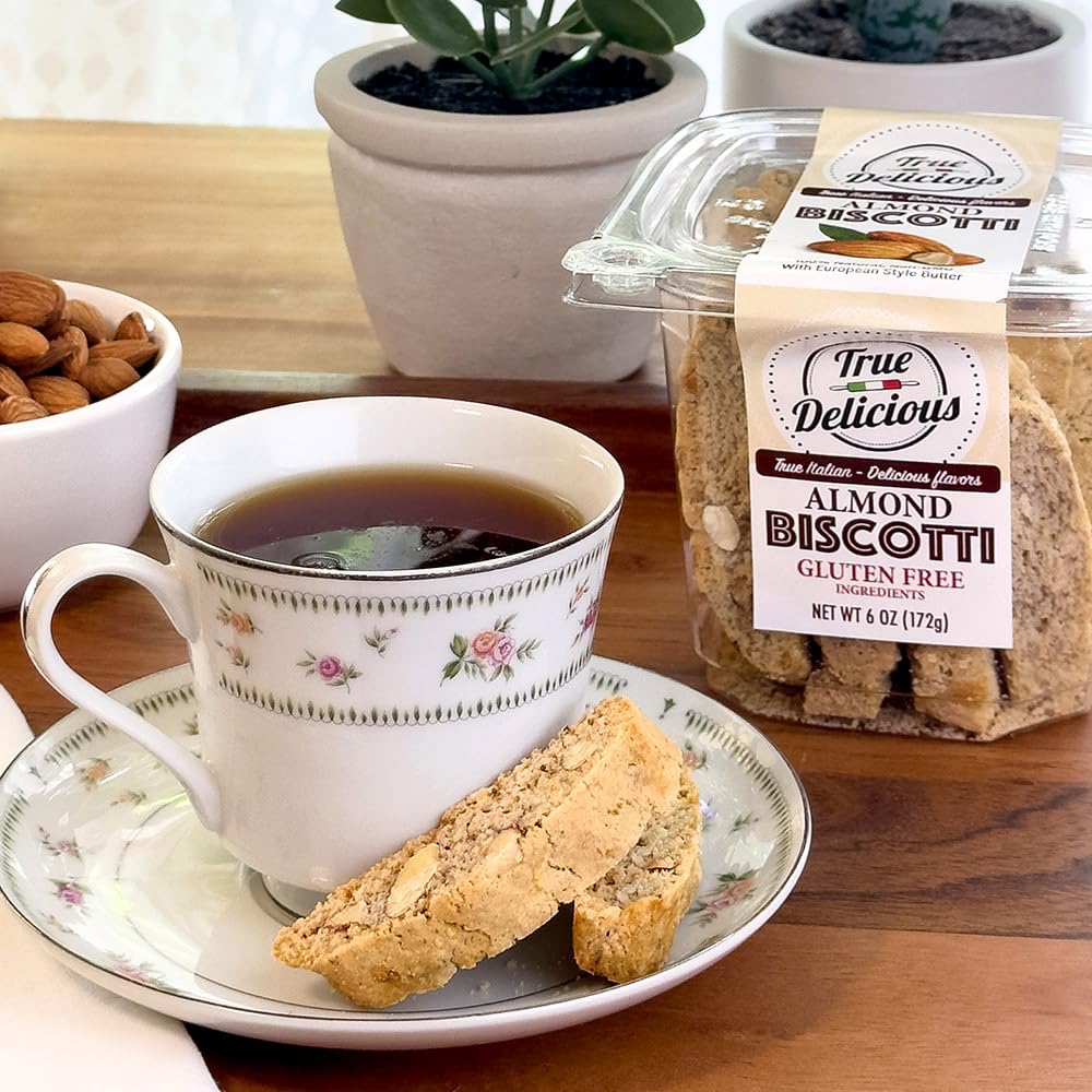 True Delicious biscotti four-tubs packaging highlights gluten-free ingredients and Italian craftsmanship