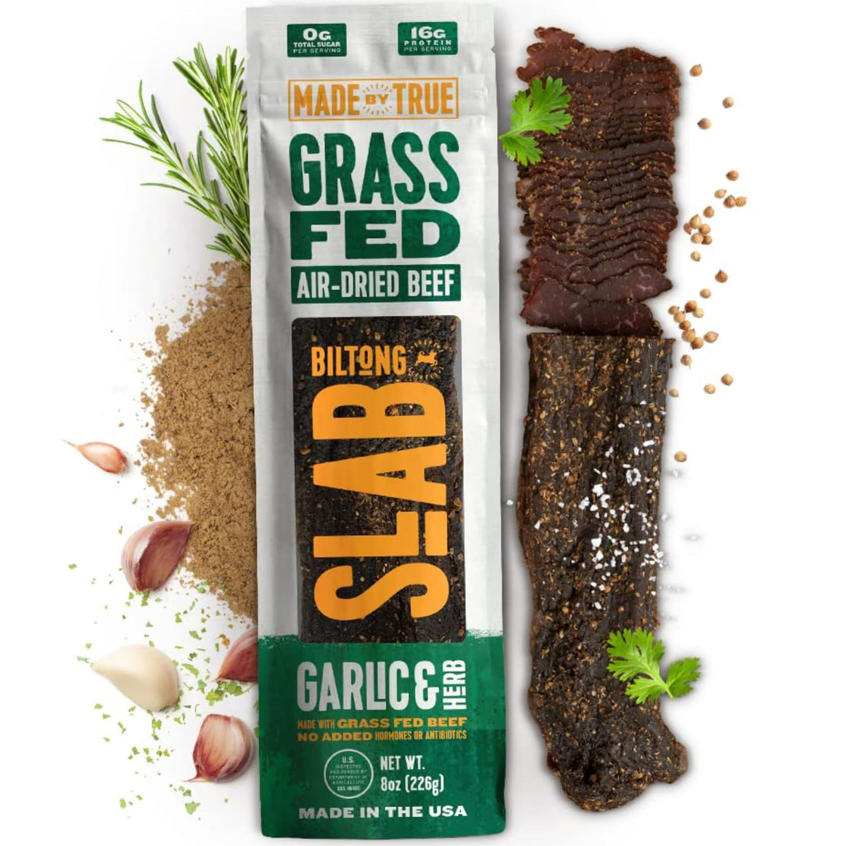 True Jerky Garlic & Herb slab pack shot highlighting high-protein snack option.